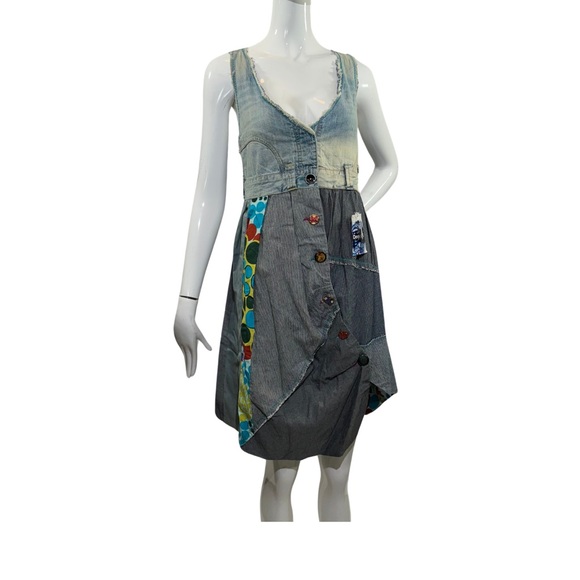 NWT DESIGUAL Patchwork Asymmetrical Artsy Buttons Denim Dress Size: 40 Medium - Picture 1 of 8